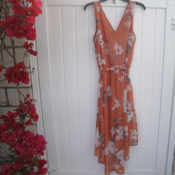 AUW High Low Flirty Floral Print Lined Woven Polyester Dress Size 10 - Picture 3 of 3